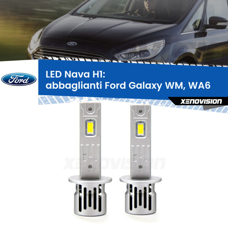 <strong>Abbaglianti LED no-spie per Ford Galaxy</strong> WM, WA6 2006 -2015. Coppia lampade <strong> H1</strong> modello Nava canbus, raffreddate a ventola.