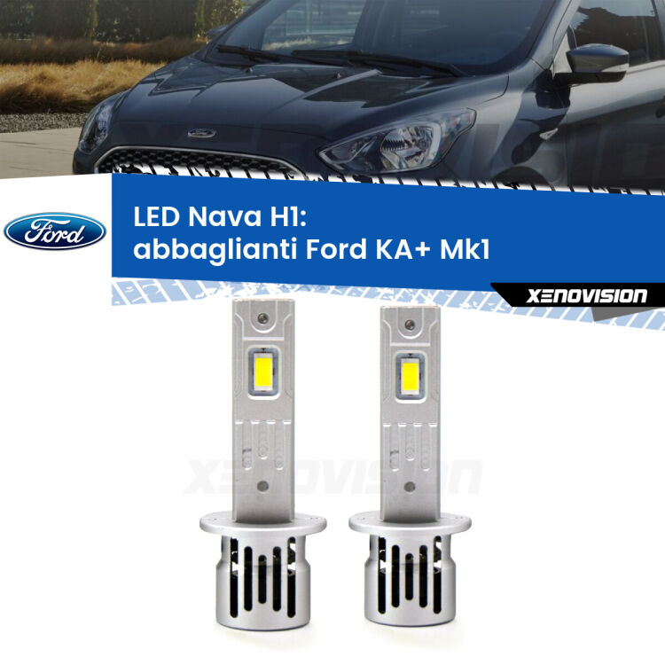 <strong>Abbaglianti LED no-spie per Ford KA+</strong> Mk1 1996 -2008. Coppia lampade <strong> H1</strong> modello Nava canbus, raffreddate a ventola.