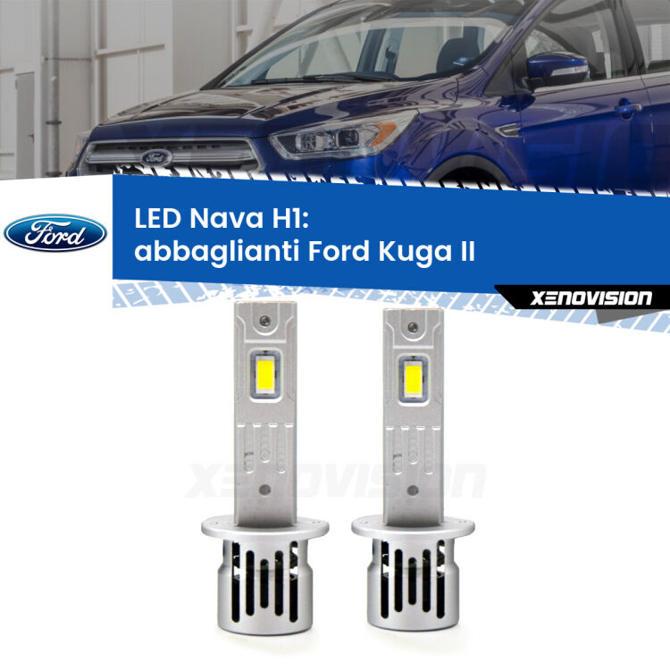 <strong>Abbaglianti LED no-spie per Ford Kuga II</strong>  2017 -2019. Coppia lampade <strong> H1</strong> modello Nava canbus, raffreddate a ventola.