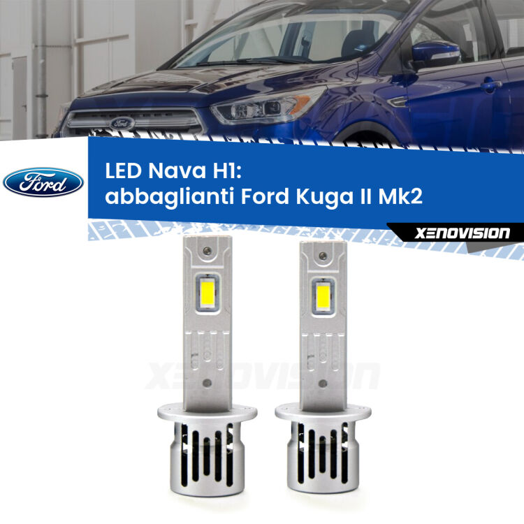 <strong>Abbaglianti LED no-spie per Ford Kuga II</strong>  2017-2019. Coppia lampade <strong> H1</strong> modello Nava canbus, raffreddate a ventola.