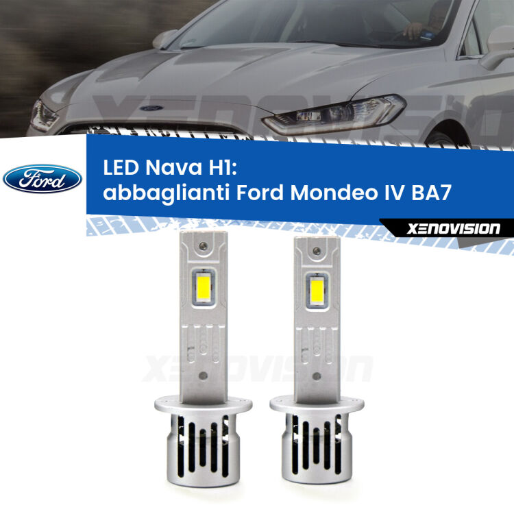 <strong>Abbaglianti LED no-spie per Ford Mondeo IV</strong> BA7 2007 -2015. Coppia lampade <strong> H1</strong> modello Nava canbus, raffreddate a ventola.