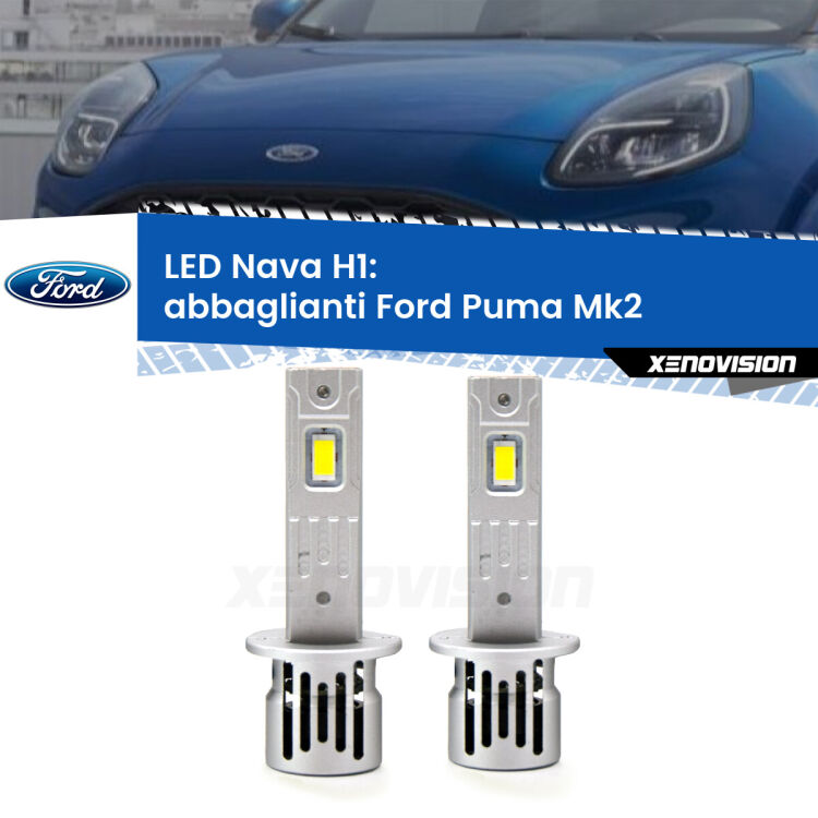 <strong>Abbaglianti LED no-spie per Ford Puma</strong> Mk2 2019 in poi. Coppia lampade <strong> H1</strong> modello Nava canbus, raffreddate a ventola.