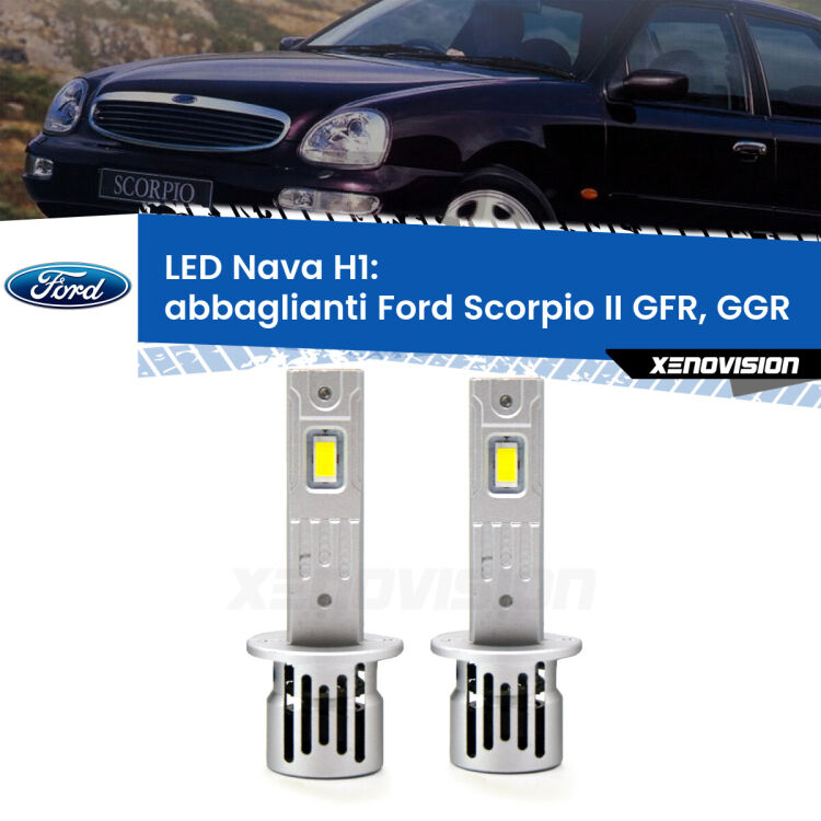 <strong>Abbaglianti LED no-spie per Ford Scorpio II</strong> GFR, GGR 1994 -1998. Coppia lampade <strong> H1</strong> modello Nava canbus, raffreddate a ventola.