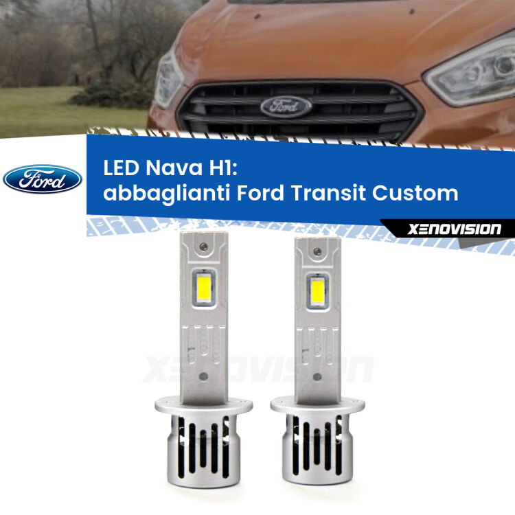 <strong>Abbaglianti LED no-spie per Ford Transit Custom</strong>  con LED di serie. Coppia lampade <strong> H1</strong> modello Nava canbus, raffreddate a ventola.