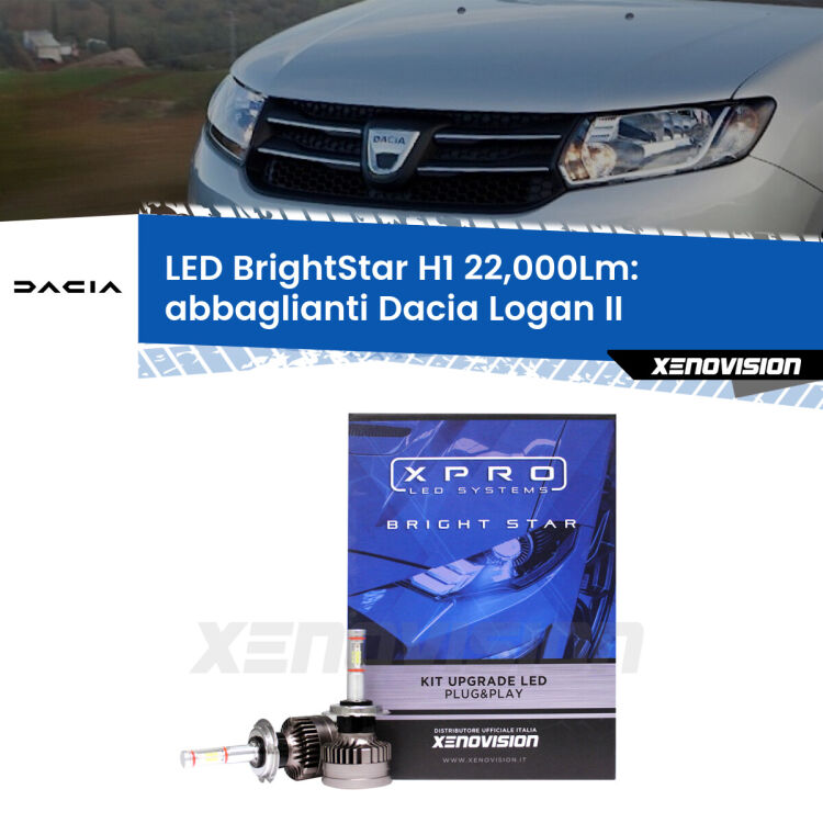 <strong>Kit LED abbaglianti per Dacia Logan</strong> II a parabola doppia. </strong>Due lampade Canbus H1 Brightstar da 22,000 Lumen. Qualità Massima.