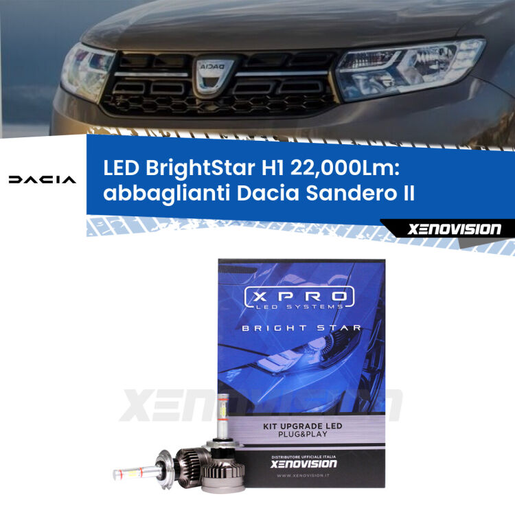 <strong>Kit LED abbaglianti per Dacia Sandero II</strong>  a parabola doppia. </strong>Due lampade Canbus H1 Brightstar da 22,000 Lumen. Qualità Massima.