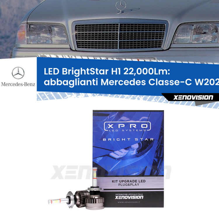 <strong>Kit LED abbaglianti per Mercedes Classe-C</strong> W202 1993 -2000. </strong>Due lampade Canbus H1 Brightstar da 22,000 Lumen. Qualità Massima.