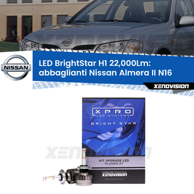 <strong>Kit LED abbaglianti per Nissan Almera II</strong> N16 2000 -2002. </strong>Due lampade Canbus H1 Brightstar da 22,000 Lumen. Qualità Massima.