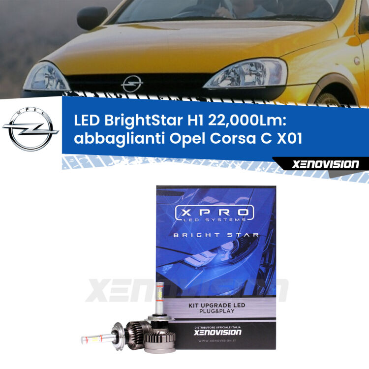 <strong>Kit LED abbaglianti per Opel Corsa C</strong> X01 con fari Valeo. </strong>Due lampade Canbus H1 Brightstar da 22,000 Lumen. Qualità Massima.