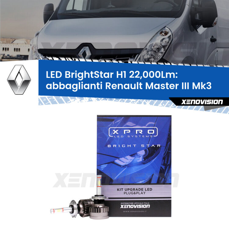 <strong>Kit LED abbaglianti per Renault Master III</strong> Mk3 2010 in poi. </strong>Due lampade Canbus H1 Brightstar da 22,000 Lumen. Qualità Massima.