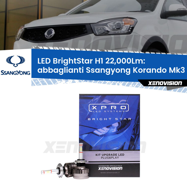 <strong>Kit LED abbaglianti per Ssangyong Korando</strong> Mk3 2013-2019. </strong>Due lampade Canbus H1 Brightstar da 22,000 Lumen. Qualità Massima.