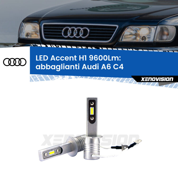 <strong>Kit LED Abbaglianti per Audi A6</strong> C4 1994 -1997.</strong> Coppia lampade <strong>H1</strong> senza ventola e ultracompatte per installazioni in fari senza spazi.