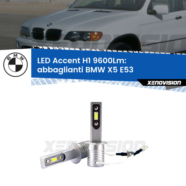 <strong>Kit LED Abbaglianti per BMW X5</strong> E53 2003 -2005.</strong> Coppia lampade <strong>H1</strong> senza ventola e ultracompatte per installazioni in fari senza spazi.