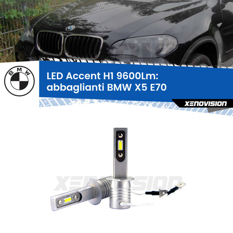 <strong>Kit LED Abbaglianti per BMW X5</strong> E70 2006 -2013.</strong> Coppia lampade <strong>H1</strong> senza ventola e ultracompatte per installazioni in fari senza spazi.