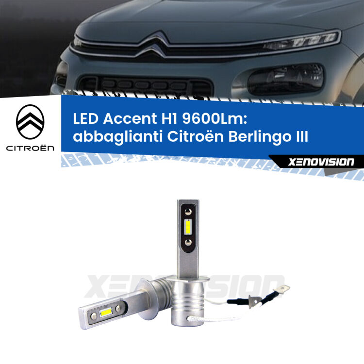 <strong>Kit LED Abbaglianti per Citroën Berlingo</strong> III 2018 in poi.</strong> Coppia lampade <strong>H1</strong> senza ventola e ultracompatte per installazioni in fari senza spazi.