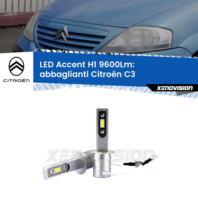 <strong>Kit LED Abbaglianti per Citroën C3</strong>  2002 -2009.</strong> Coppia lampade <strong>H1</strong> senza ventola e ultracompatte per installazioni in fari senza spazi.