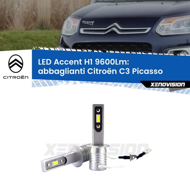 <strong>Kit LED Abbaglianti per Citroën C3 Picasso</strong>  2009 -2016.</strong> Coppia lampade <strong>H1</strong> senza ventola e ultracompatte per installazioni in fari senza spazi.