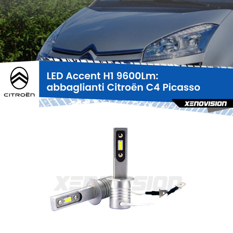 <strong>Kit LED Abbaglianti per Citroën C4 Picasso</strong>  2006-2013.</strong> Coppia lampade <strong>H1</strong> senza ventola e ultracompatte per installazioni in fari senza spazi.