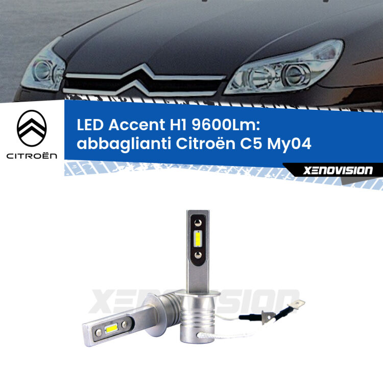 <strong>Kit LED Abbaglianti per Citroën C5</strong> My04 2004-2008.</strong> Coppia lampade <strong>H1</strong> senza ventola e ultracompatte per installazioni in fari senza spazi.