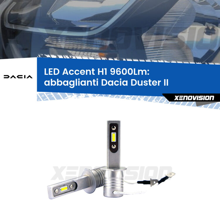 <strong>Kit LED Abbaglianti per Dacia Duster</strong> II prima serie.</strong> Coppia lampade <strong>H1</strong> senza ventola e ultracompatte per installazioni in fari senza spazi.