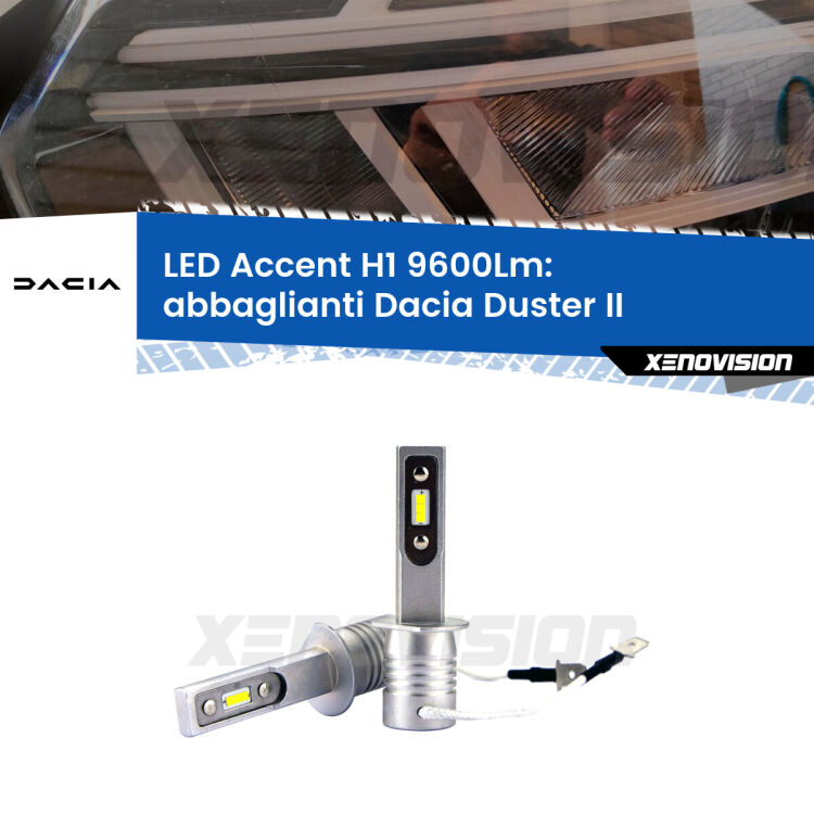 <strong>Kit LED Abbaglianti per Dacia Duster</strong> II restyling.</strong> Coppia lampade <strong>H1</strong> senza ventola e ultracompatte per installazioni in fari senza spazi.