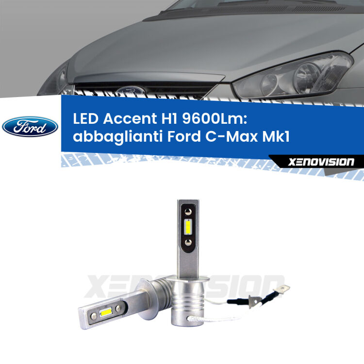 <strong>Kit LED Abbaglianti per Ford C-Max</strong> Mk1 2003 -2010.</strong> Coppia lampade <strong>H1</strong> senza ventola e ultracompatte per installazioni in fari senza spazi.