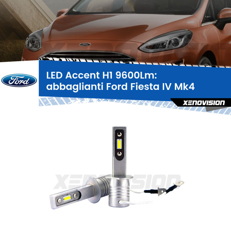 <strong>Kit LED Abbaglianti per Ford Fiesta</strong> Mk4 1995 -1999.</strong> Coppia lampade <strong>H1</strong> senza ventola e ultracompatte per installazioni in fari senza spazi.