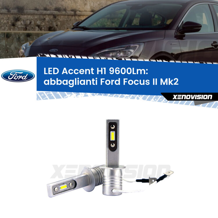 <strong>Kit LED Abbaglianti per Ford Focus II</strong> Mk2 2004 -2011.</strong> Coppia lampade <strong>H1</strong> senza ventola e ultracompatte per installazioni in fari senza spazi.