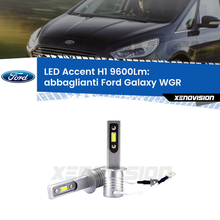 <strong>Kit LED Abbaglianti per Ford Galaxy</strong> WGR 1995 -2006.</strong> Coppia lampade <strong>H1</strong> senza ventola e ultracompatte per installazioni in fari senza spazi.