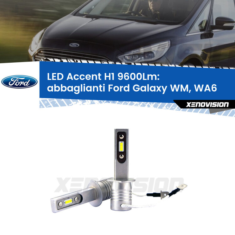 <strong>Kit LED Abbaglianti per Ford Galaxy</strong> WM, WA6 2006 -2015.</strong> Coppia lampade <strong>H1</strong> senza ventola e ultracompatte per installazioni in fari senza spazi.