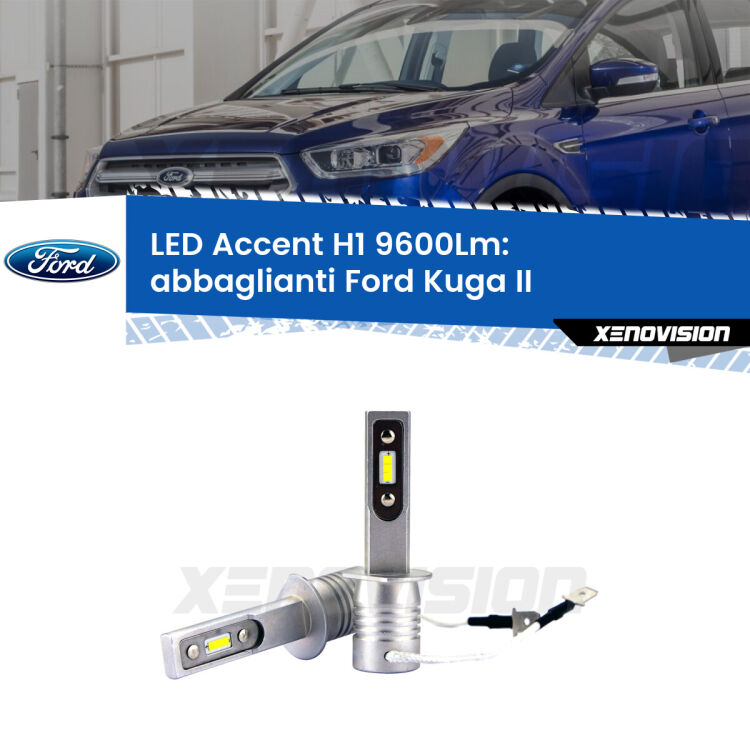 <strong>Kit LED Abbaglianti per Ford Kuga II</strong>  2017 -2019.</strong> Coppia lampade <strong>H1</strong> senza ventola e ultracompatte per installazioni in fari senza spazi.