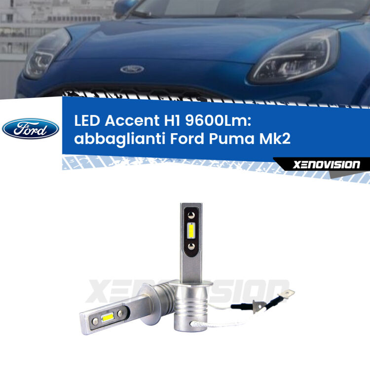 <strong>Kit LED Abbaglianti per Ford Puma</strong> Mk2 2019 in poi.</strong> Coppia lampade <strong>H1</strong> senza ventola e ultracompatte per installazioni in fari senza spazi.