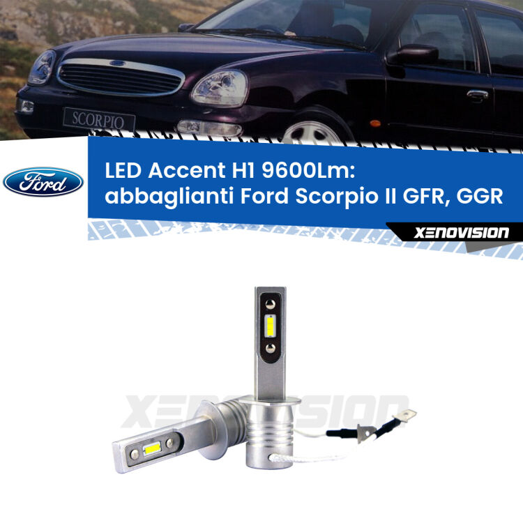 <strong>Kit LED Abbaglianti per Ford Scorpio II</strong> GFR, GGR 1994 -1998.</strong> Coppia lampade <strong>H1</strong> senza ventola e ultracompatte per installazioni in fari senza spazi.