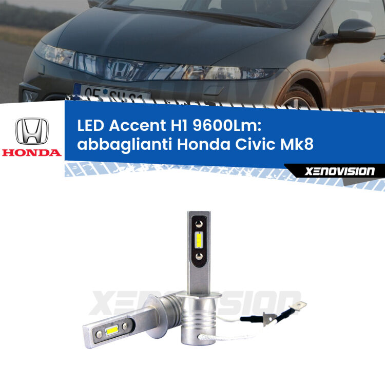 <strong>Kit LED Abbaglianti per Honda Civic</strong> Mk8 2005 -2010.</strong> Coppia lampade <strong>H1</strong> senza ventola e ultracompatte per installazioni in fari senza spazi.