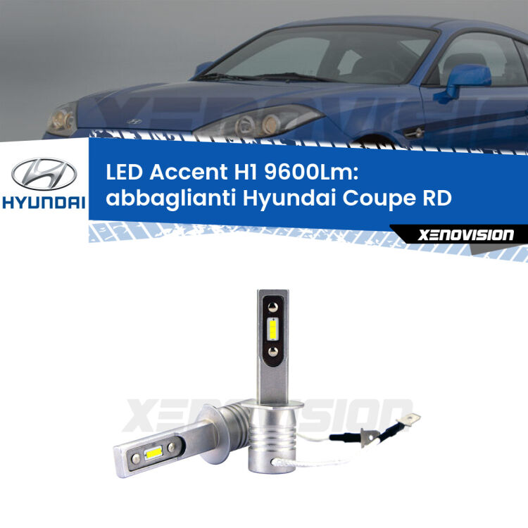 <strong>Kit LED Abbaglianti per Hyundai Coupe</strong> RD 1996 -2002.</strong> Coppia lampade <strong>H1</strong> senza ventola e ultracompatte per installazioni in fari senza spazi.