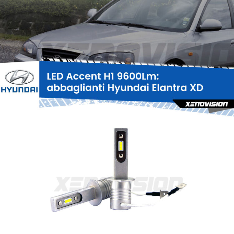 <strong>Kit LED Abbaglianti per Hyundai Elantra</strong> XD 2000 -2006.</strong> Coppia lampade <strong>H1</strong> senza ventola e ultracompatte per installazioni in fari senza spazi.