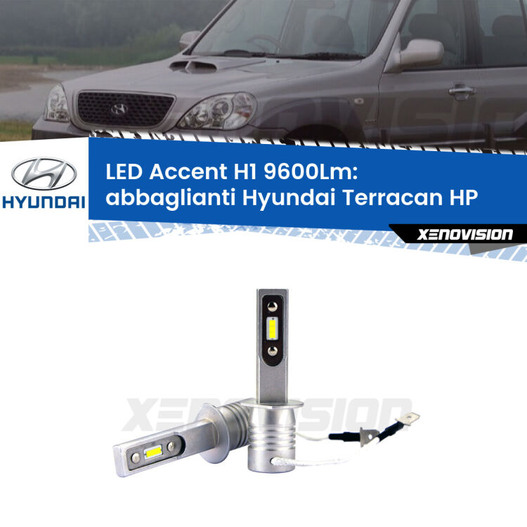 <strong>Kit LED Abbaglianti per Hyundai Terracan</strong> HP 2001-2006.</strong> Coppia lampade <strong>H1</strong> senza ventola e ultracompatte per installazioni in fari senza spazi.