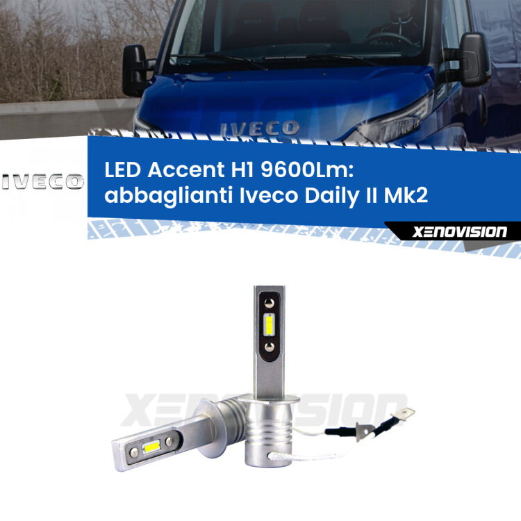 <strong>Kit LED Abbaglianti per Iveco Daily II</strong> Mk2 2006 -2011.</strong> Coppia lampade <strong>H1</strong> senza ventola e ultracompatte per installazioni in fari senza spazi.