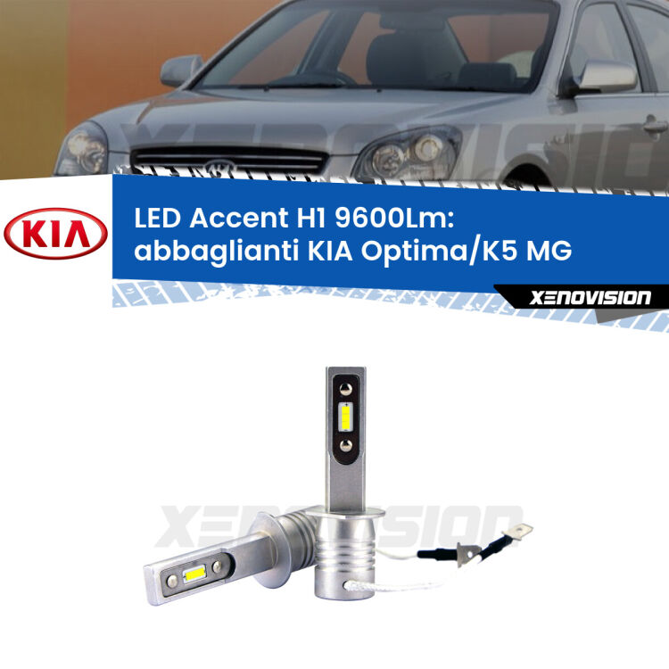 <strong>Kit LED Abbaglianti per KIA Optima/K5</strong> MG 2005 -2009.</strong> Coppia lampade <strong>H1</strong> senza ventola e ultracompatte per installazioni in fari senza spazi.