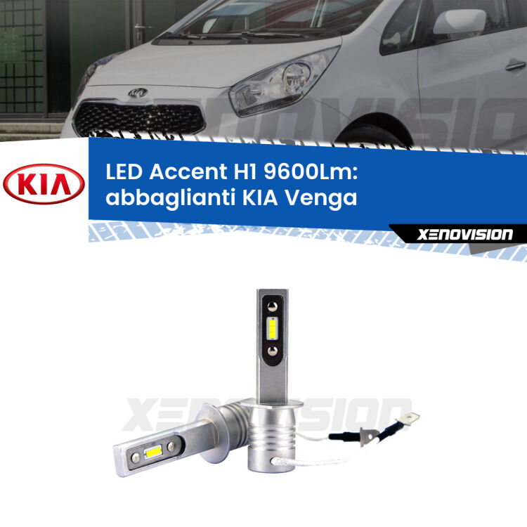 <strong>Kit LED Abbaglianti per KIA Venga</strong>  2010 -2019.</strong> Coppia lampade <strong>H1</strong> senza ventola e ultracompatte per installazioni in fari senza spazi.