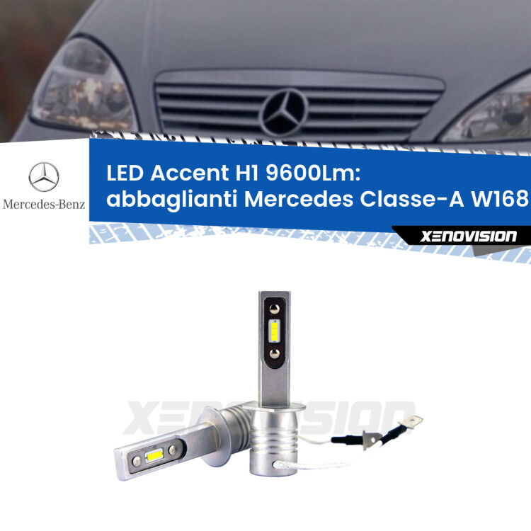 <strong>Kit LED Abbaglianti per Mercedes Classe-A</strong> W168 1997 -2004.</strong> Coppia lampade <strong>H1</strong> senza ventola e ultracompatte per installazioni in fari senza spazi.