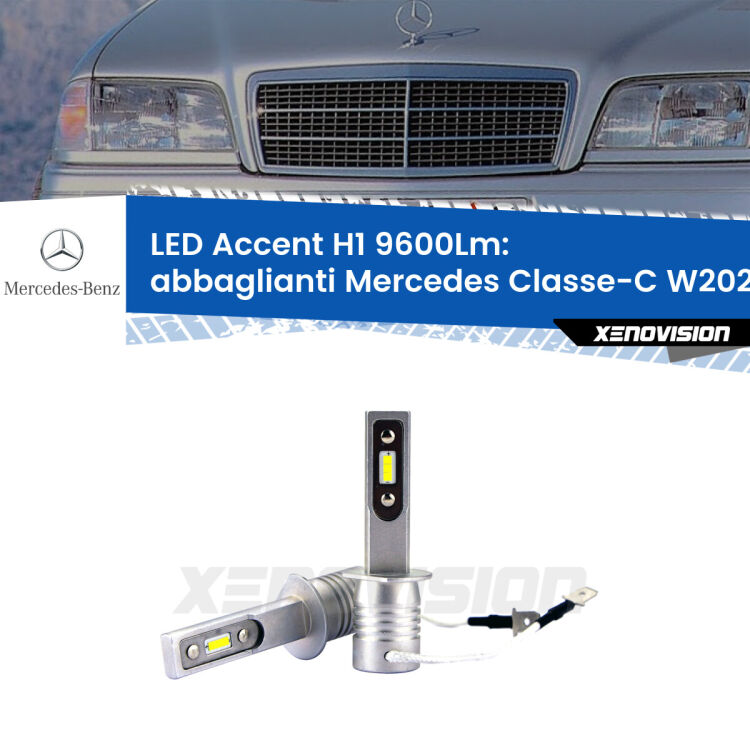 <strong>Kit LED Abbaglianti per Mercedes Classe-C</strong> W202 1993 -2000.</strong> Coppia lampade <strong>H1</strong> senza ventola e ultracompatte per installazioni in fari senza spazi.