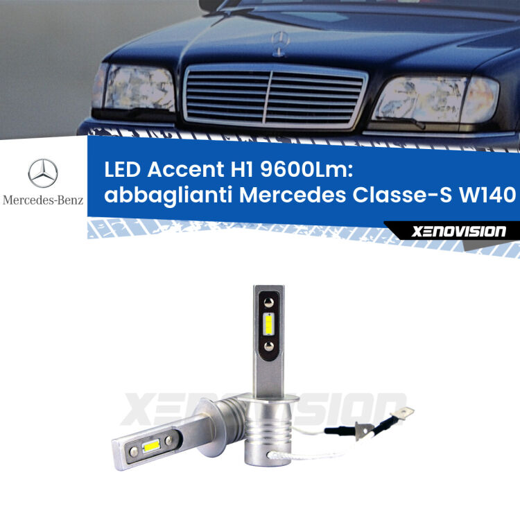 <strong>Kit LED Abbaglianti per Mercedes Classe-S</strong> W140 1991 -1998.</strong> Coppia lampade <strong>H1</strong> senza ventola e ultracompatte per installazioni in fari senza spazi.