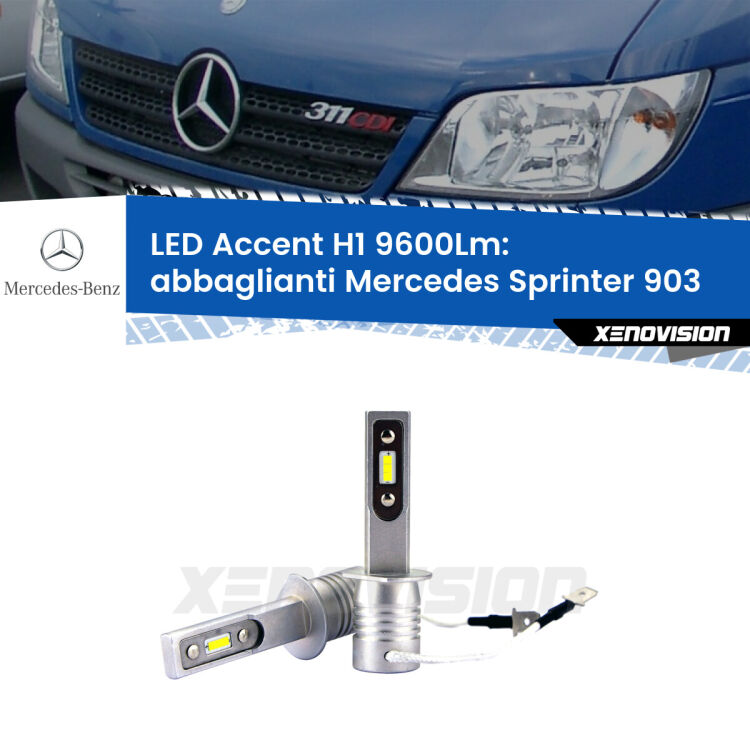 <strong>Kit LED Abbaglianti per Mercedes Sprinter</strong> 903 1995 -2002.</strong> Coppia lampade <strong>H1</strong> senza ventola e ultracompatte per installazioni in fari senza spazi.