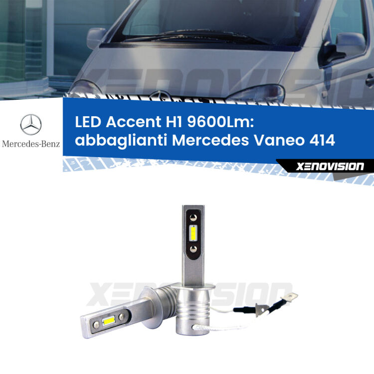 <strong>Kit LED Abbaglianti per Mercedes Vaneo</strong> 414 2002 -2005.</strong> Coppia lampade <strong>H1</strong> senza ventola e ultracompatte per installazioni in fari senza spazi.