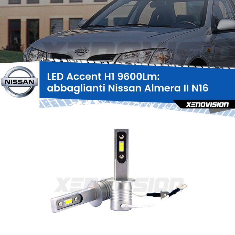 <strong>Kit LED Abbaglianti per Nissan Almera II</strong> N16 2000 -2002.</strong> Coppia lampade <strong>H1</strong> senza ventola e ultracompatte per installazioni in fari senza spazi.