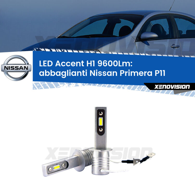 <strong>Kit LED Abbaglianti per Nissan Primera</strong> P11 1996 -2001.</strong> Coppia lampade <strong>H1</strong> senza ventola e ultracompatte per installazioni in fari senza spazi.