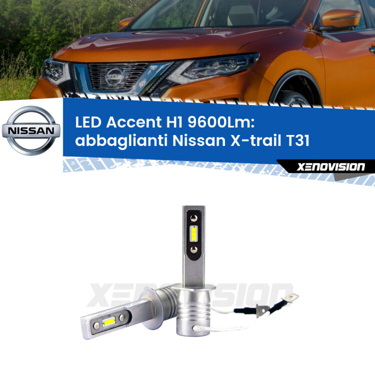 <strong>Kit LED Abbaglianti per Nissan X-trail</strong> T31 2007 -2014.</strong> Coppia lampade <strong>H1</strong> senza ventola e ultracompatte per installazioni in fari senza spazi.