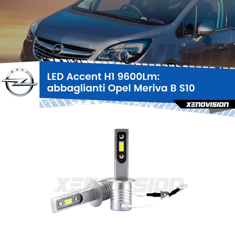 <strong>Kit LED Abbaglianti per Opel Meriva B</strong> S10 2010 -2017.</strong> Coppia lampade <strong>H1</strong> senza ventola e ultracompatte per installazioni in fari senza spazi.