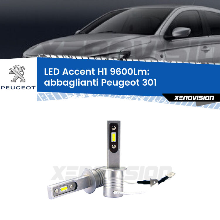 <strong>Kit LED Abbaglianti per Peugeot 301</strong>  2012 -2017.</strong> Coppia lampade <strong>H1</strong> senza ventola e ultracompatte per installazioni in fari senza spazi.